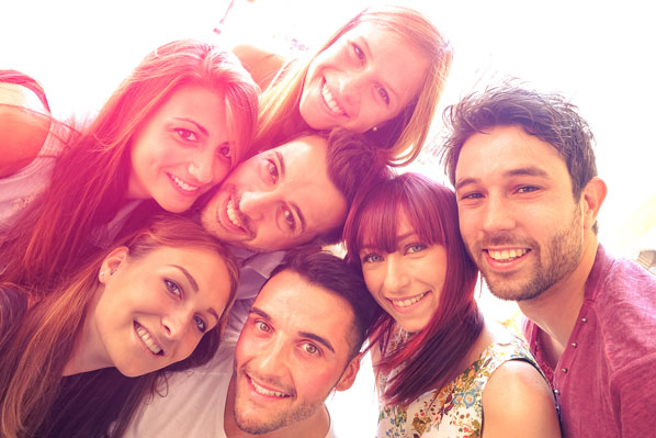 Happy employees with customers