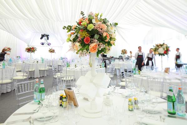 Flower display in a wedding tent