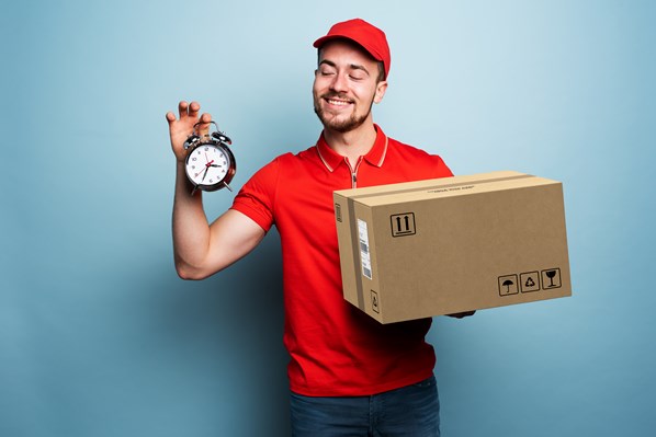 Delivery person checking time on clock