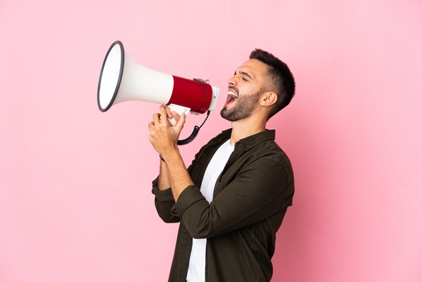 Customer speaking through a megaphone