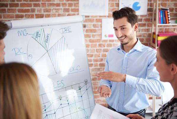 Business person presenting with a whiteboard