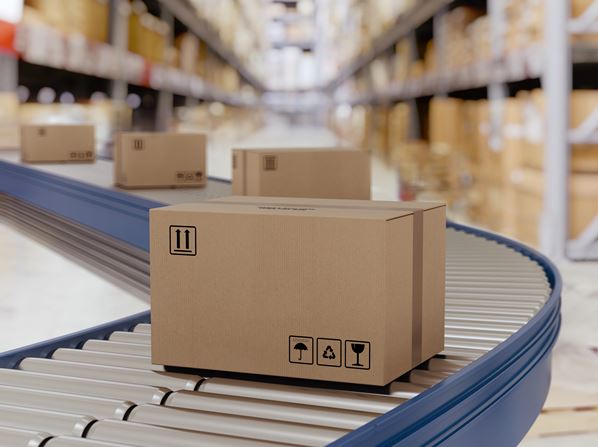 Parcels on a warehouse conveyor belt