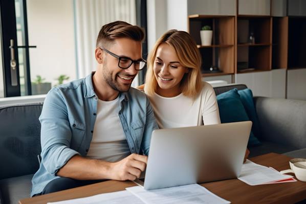 Man and woman sitting at a table looking at a laptop