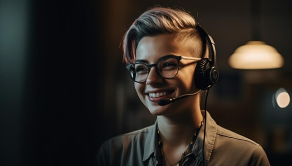 Customer support agent wearing headset