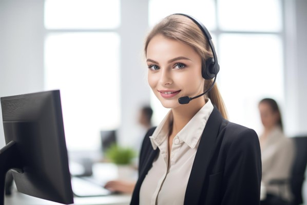 Customer support representative with telephone headset 