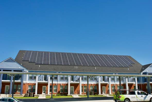 Solar panels on roof of building