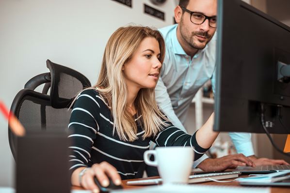 Business professionals working on computer