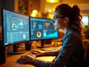 A businessperson using project management software on her computer