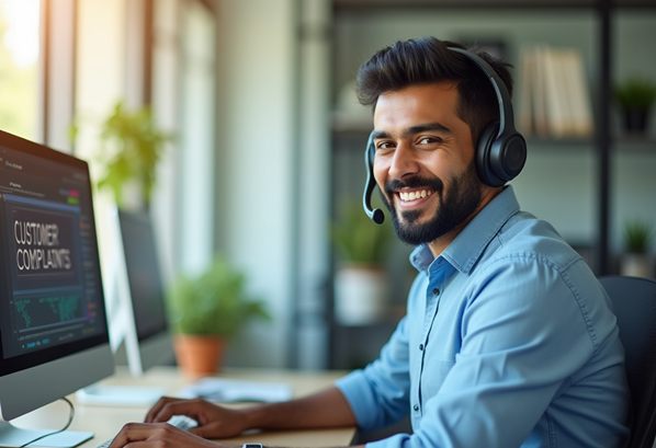 A CSR processing customer complaints on his computer
