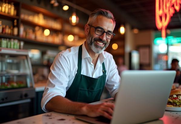 Restaurant owner working on his laptop