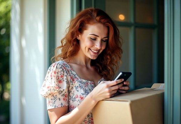 Customer reading a message on her mobile phone after receiving a package