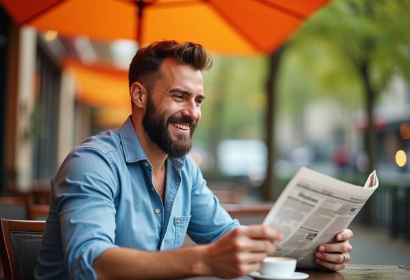Happy customer sitting outisde a cafe reading a newspaper