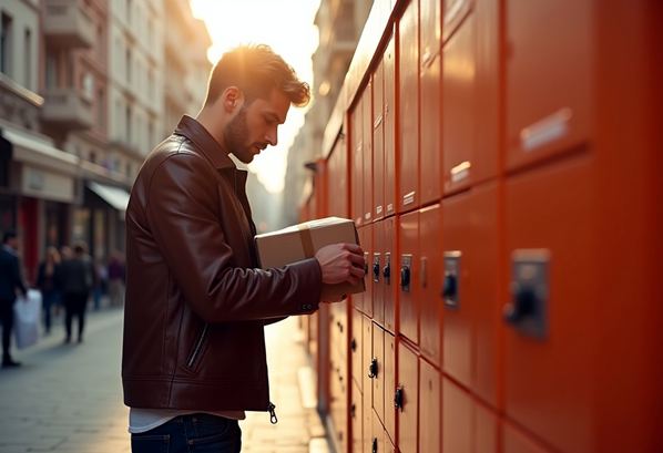 A customer collecting a parcel from a self-service locker