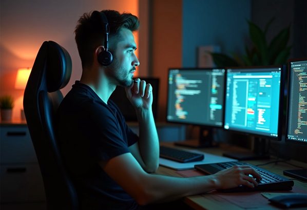 Help desk agent working with multiple screens