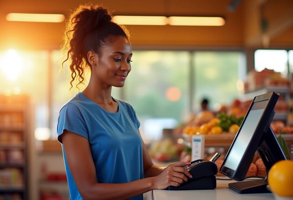 A customer paying in a store using a card reader