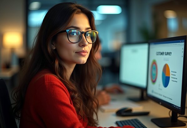 Customer support agent analyzing feedback survey data