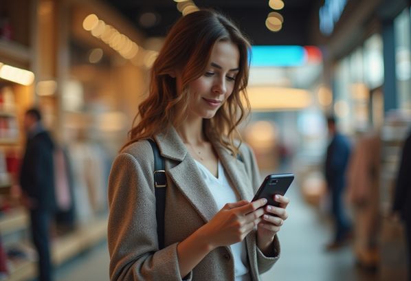 A customer reading reviews on her mobile phone in a store