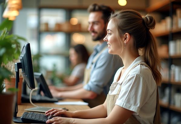 Check-out staff behind tills