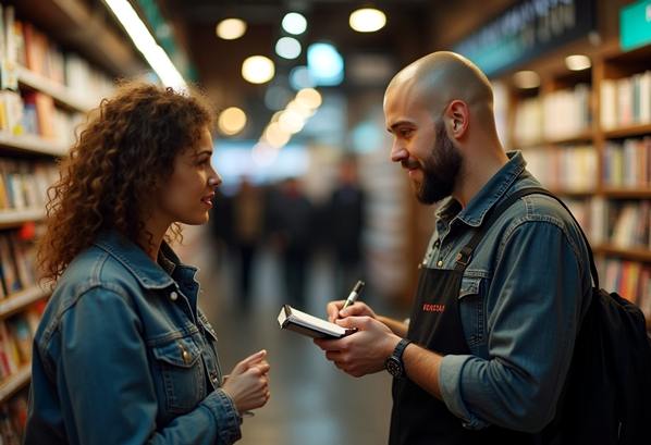 Shop assistant taking notes while listening to a customer's complaint