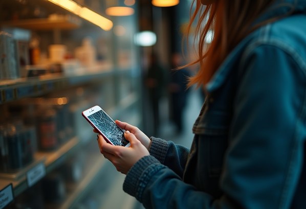 Women taking cracked mobile phone to a repair shop