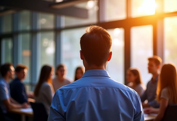 A customer service manager talking to his team