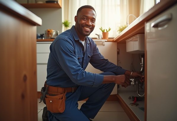 Plumber at work under sink