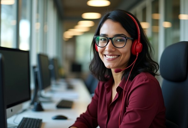 Customer support desk agent with headset