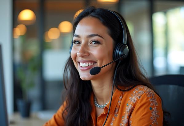 A customer service representative listening to a customer on her headset