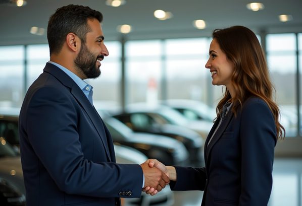 A customer shaking handds with a car salesman