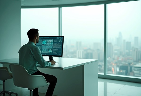 A data manager working on his computer