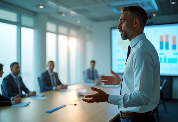 Customer service executive speaking to his team