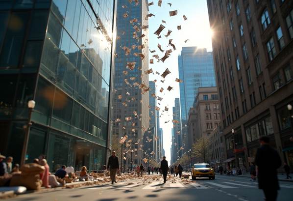 Money flying out of an office window