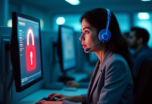 A call center agent dealing with a customer secuirty check on her computer