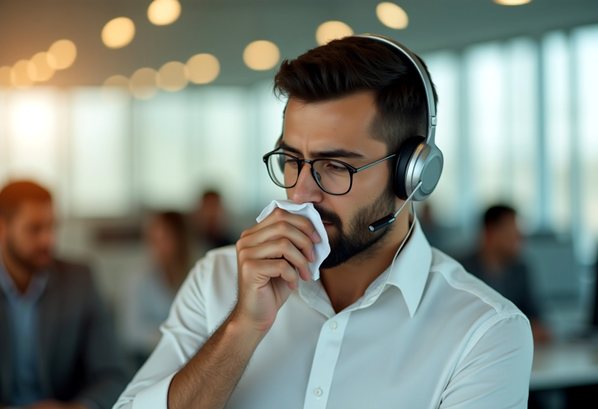 A sick call center employee sneezing in to a tissue