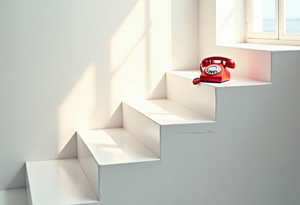 A red telephone at the top of some stairs
