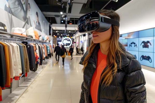 A women wearing a virtual reality (VR) headset in a retail store