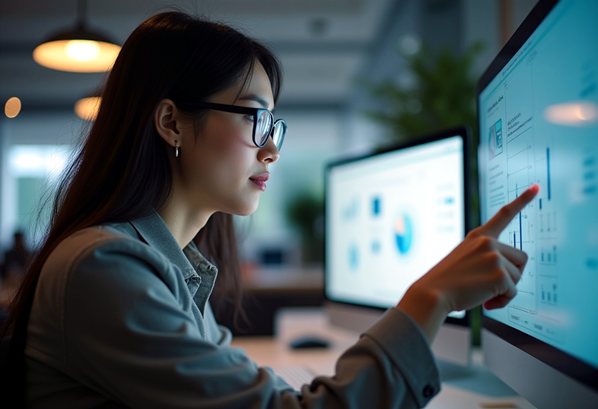A manager looking at agent analytics on her computer screen
