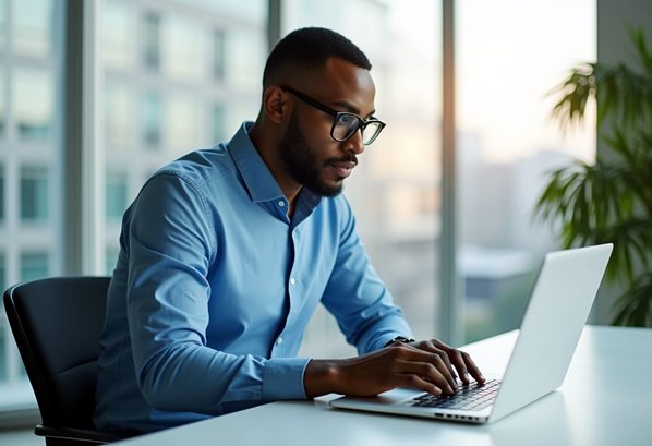 A customer success manager looking at his laptop