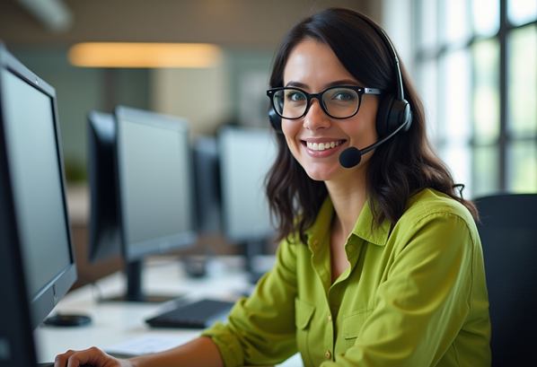 A customer service manager with headset taking a call from a customer