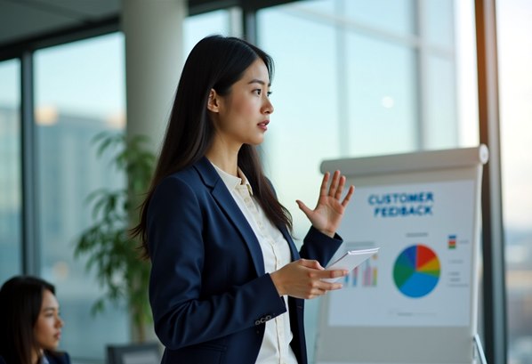 A customer feedback manager presenting statistics to her team
