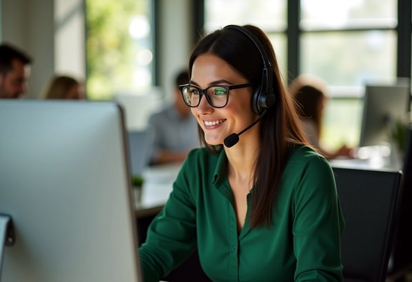 A customer service representative using AI on her computer