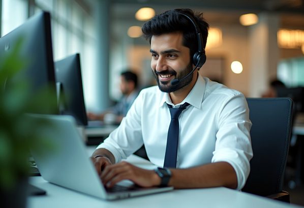 A customer service manager using AI on his laptop