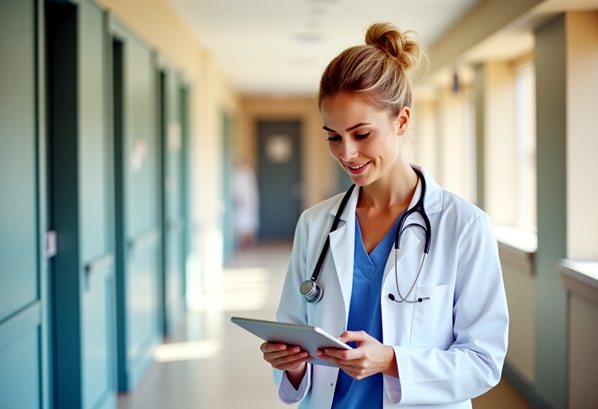 A doctor reading her tablet