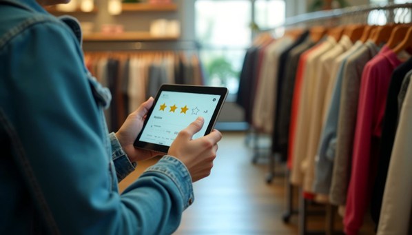 A customer giving a customer service feedback rating on a tablet