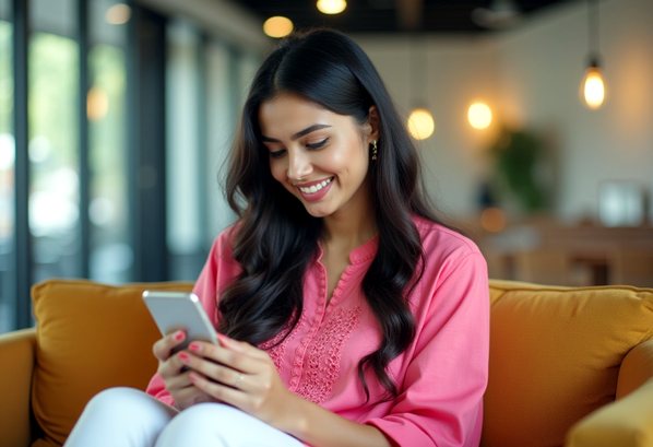 A customer reading a message on her phone