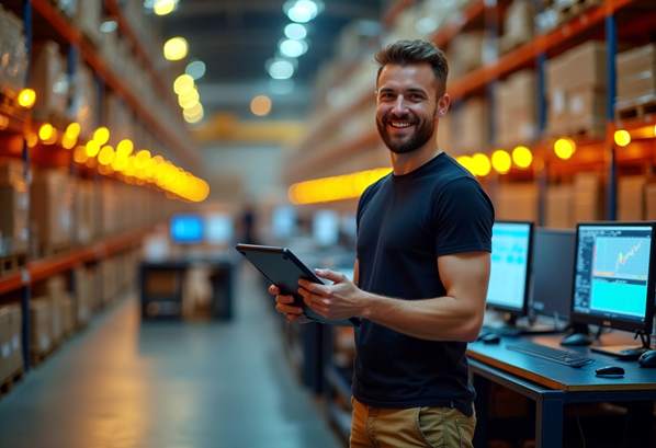 A warehouse manager using his tablet