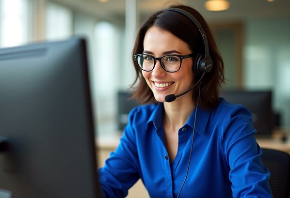 Contact center agent using a headset to talk to a customer