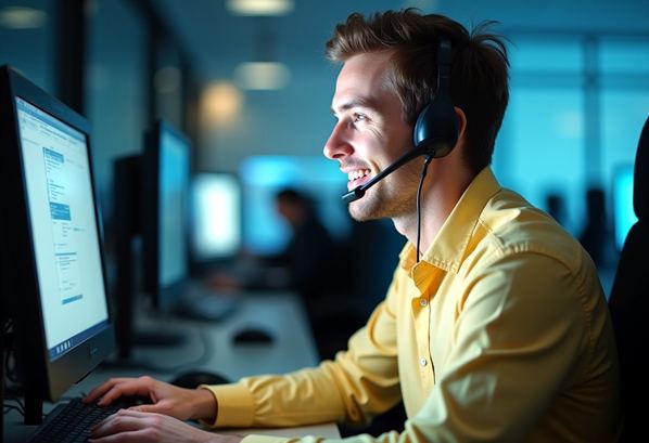 Call center agent wuth a headset working in a busy call center