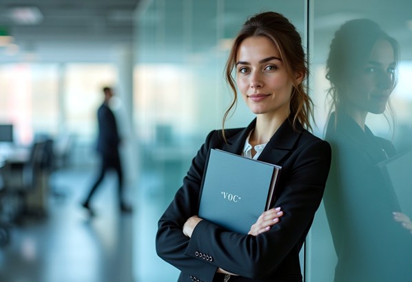 A customer service manager holding a folder that says 'VOC'
